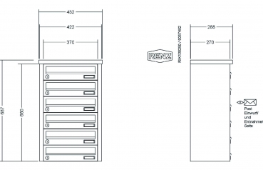 RENZ Briefkastenanlage Aufputz, Tetro, Kastenformat 370x110x270mm, 6-teilig